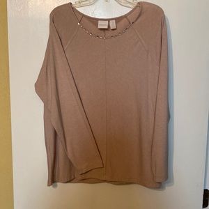 Chicos layering long sleeve beige top. Clear crystals / front neckline SZ 3